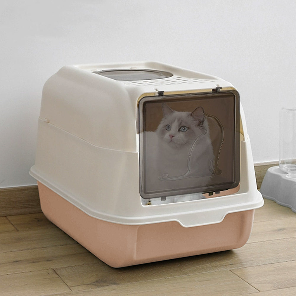 Large Hooded Top Entry Cat Litter Box With Scoop | Orange