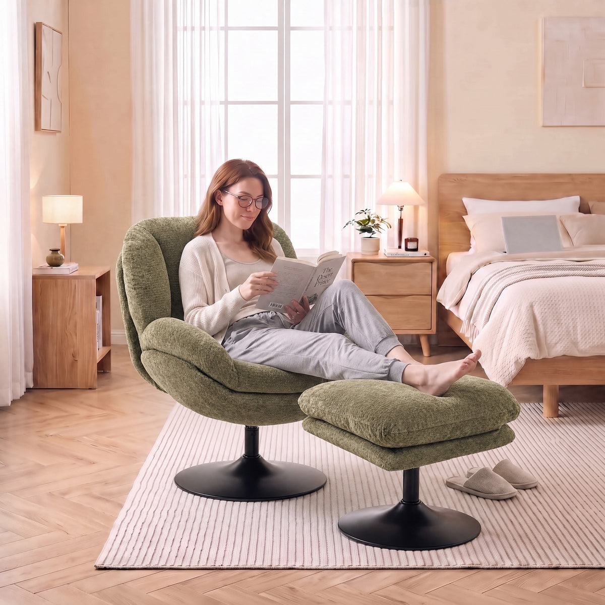 Chenille Lazy Chair With Ottoman, 360 Swivel | Dark Green