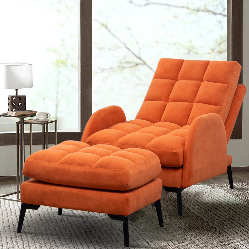 Frosted Velvet Armchair With Footstool Set– Adjustable 110°-180° Recline, Cozy Upholstered Chair With Metal Legs, Ergonomic Comfort | Orange