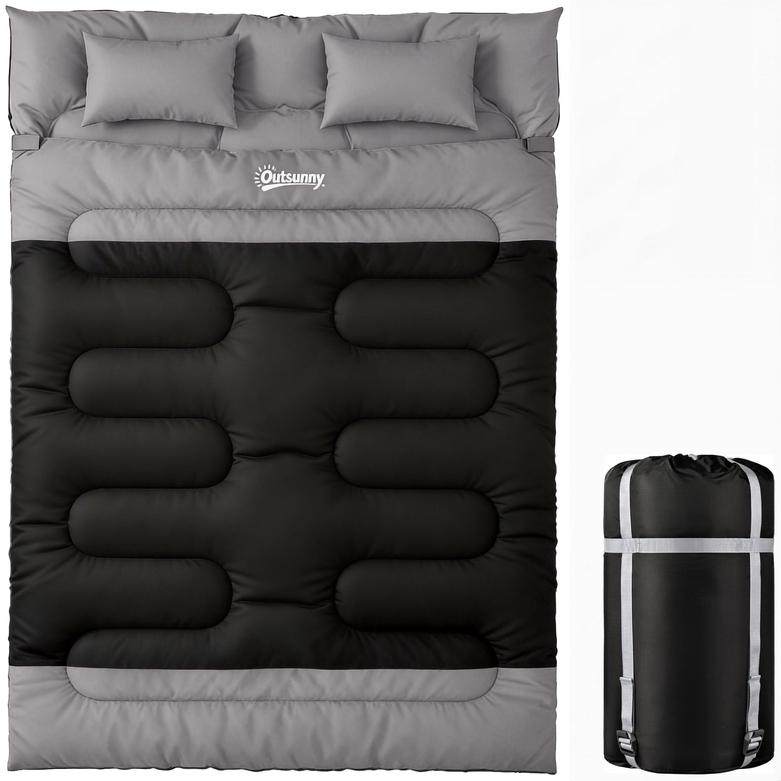Double Sleeping Bag With 2 Pillows, 220 X 160cm Sleeping Bag | Black & Grey