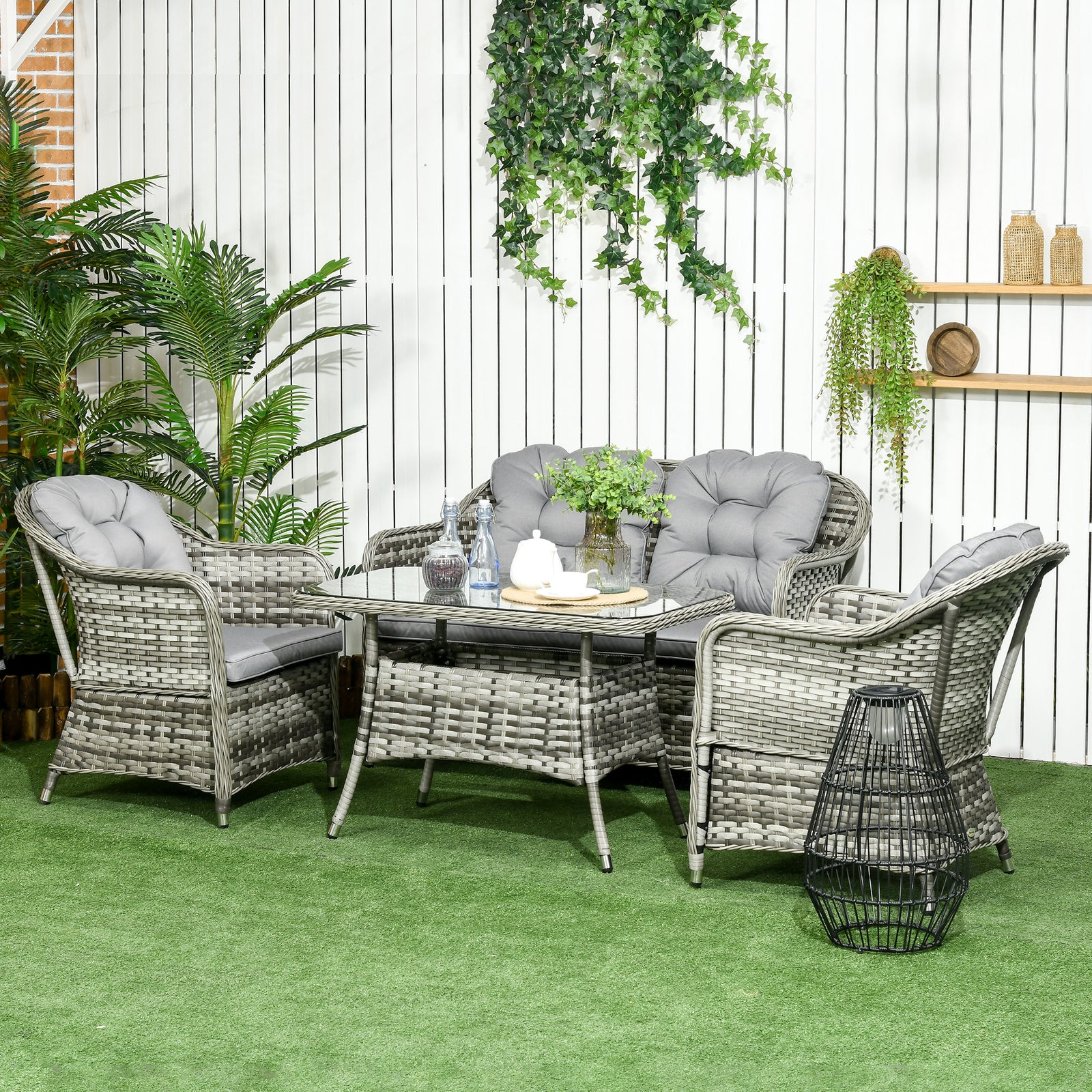 4 Pcs Rattan Set Padded Sofa W/ Glass Table