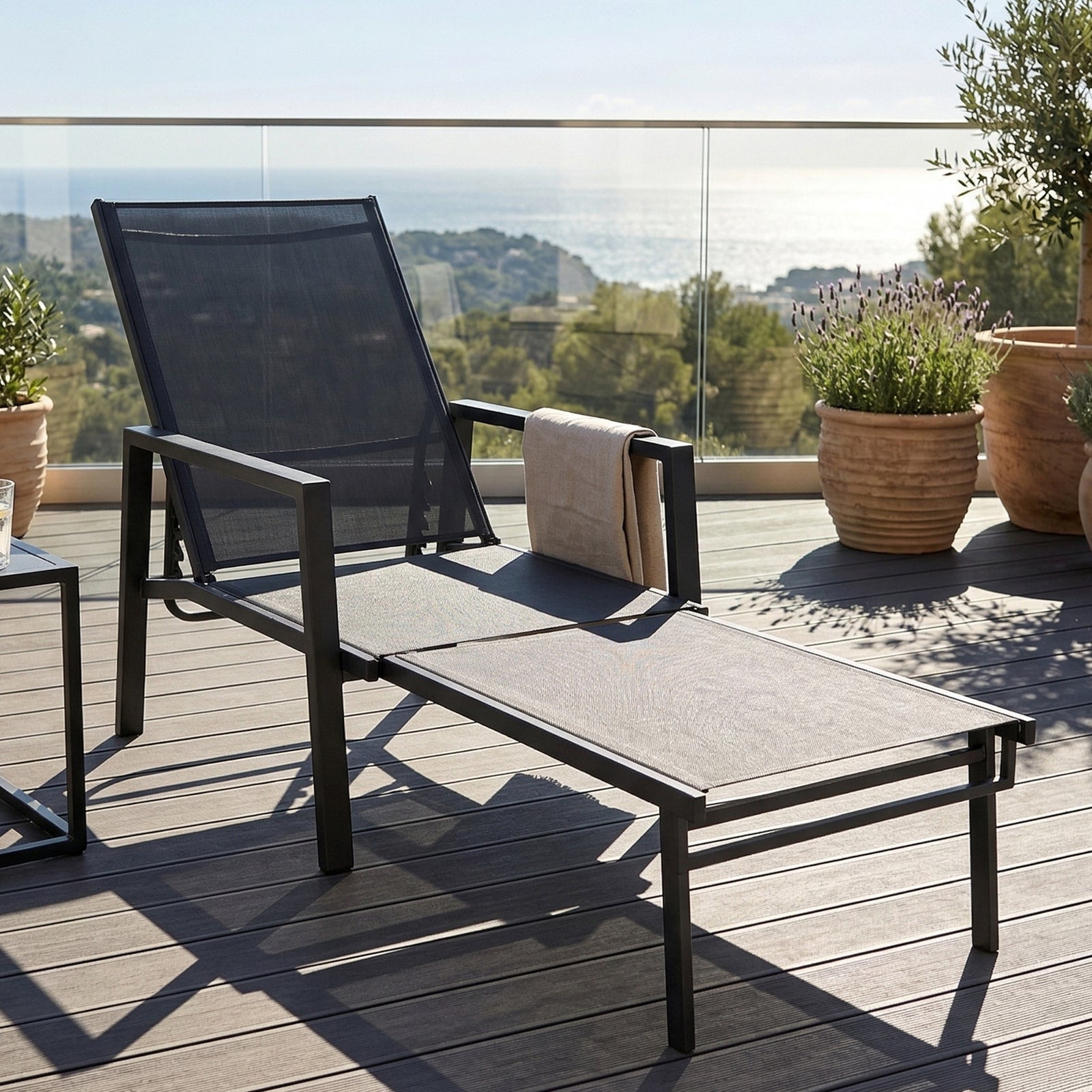 Sun Lounger W/ Retractable Footrest, 5-position Adjustable | Set-of-1 | Black