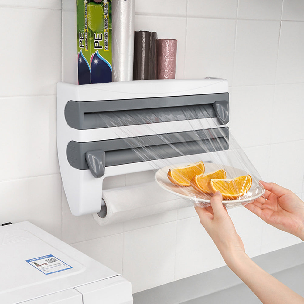 Kitchen Cling Foil Wrap Dispenser With Cutter, Spice And Towel Rack