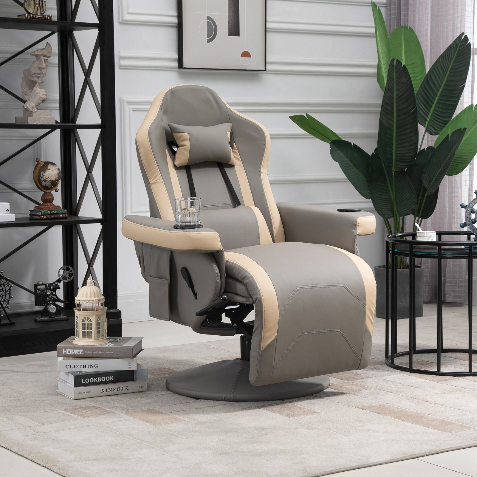 Manual Recliner Armchair Pu Sofa Chair With Footrest | One Size | Gray
