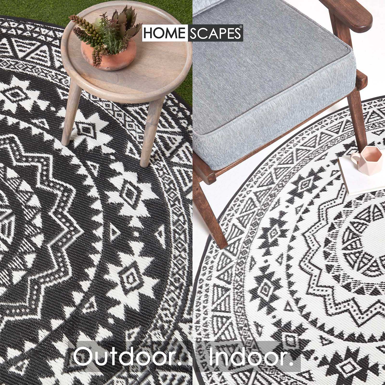 Luxury Outdoor Rug Waterproof Reversible Round For Garden Patio, Monochrome Motif