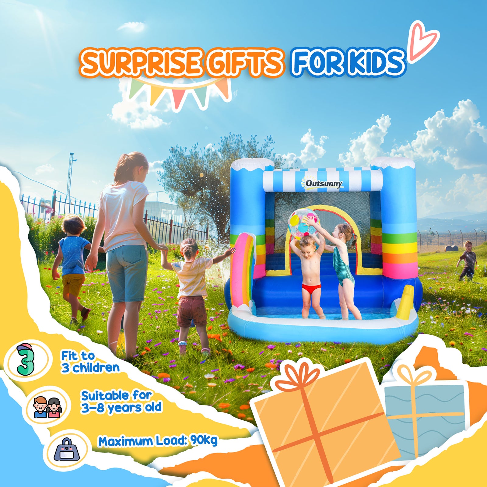 Kids Bouncy Castle With Pool Outdoor Trampoline W/ Net Blower 3-8 Yrs