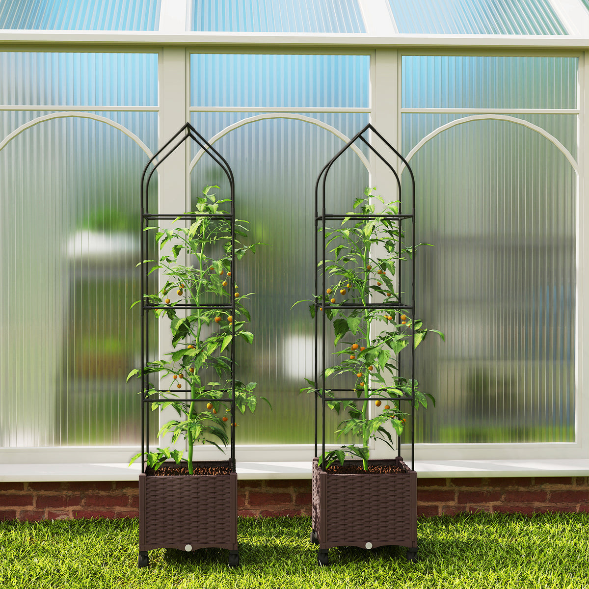 Outsunny Raised Garden Bed Tomato Cage With Trellis, Drainage Holes, Brown