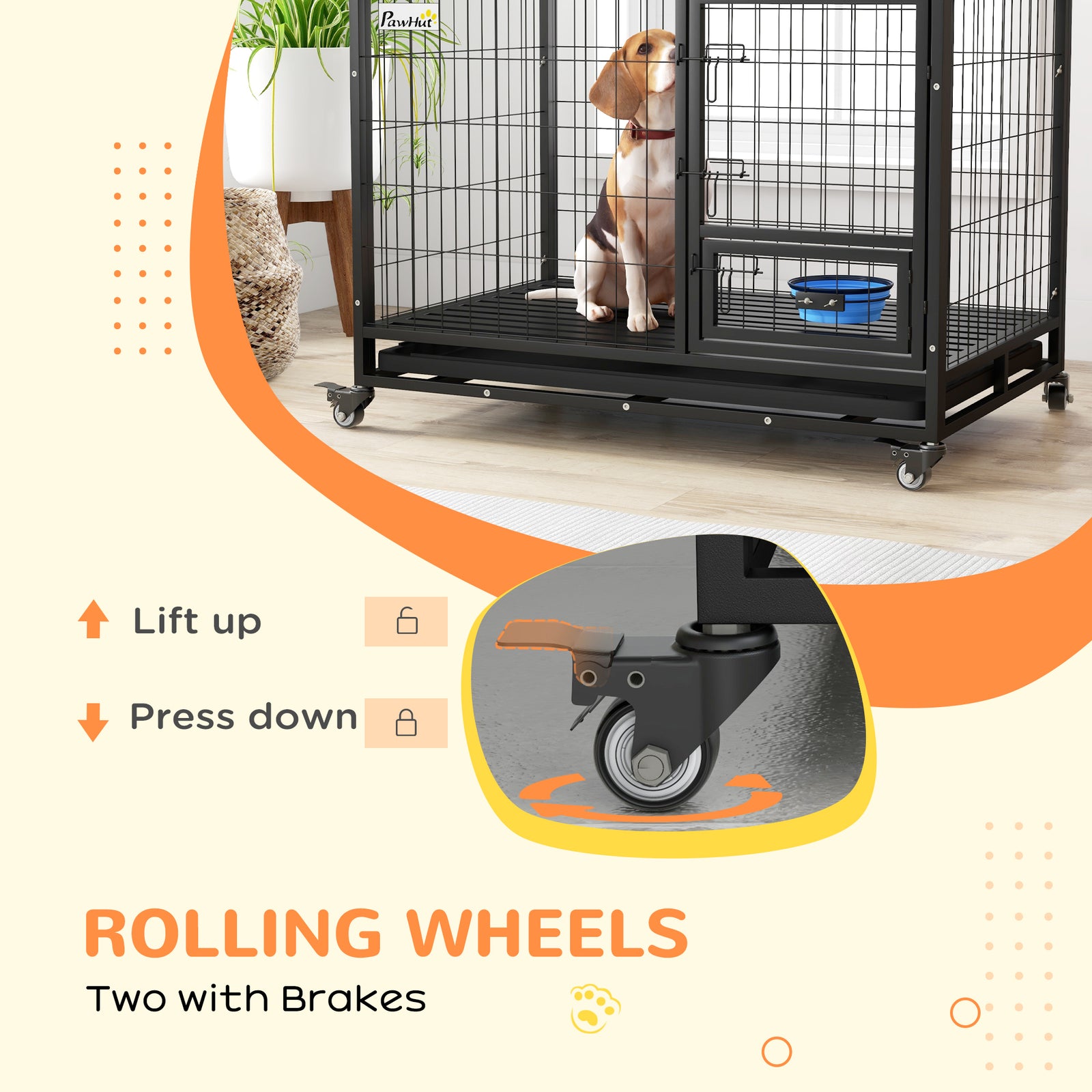 43" Heavy Duty Dog Crate W/ Bowl Holder, Double Doors