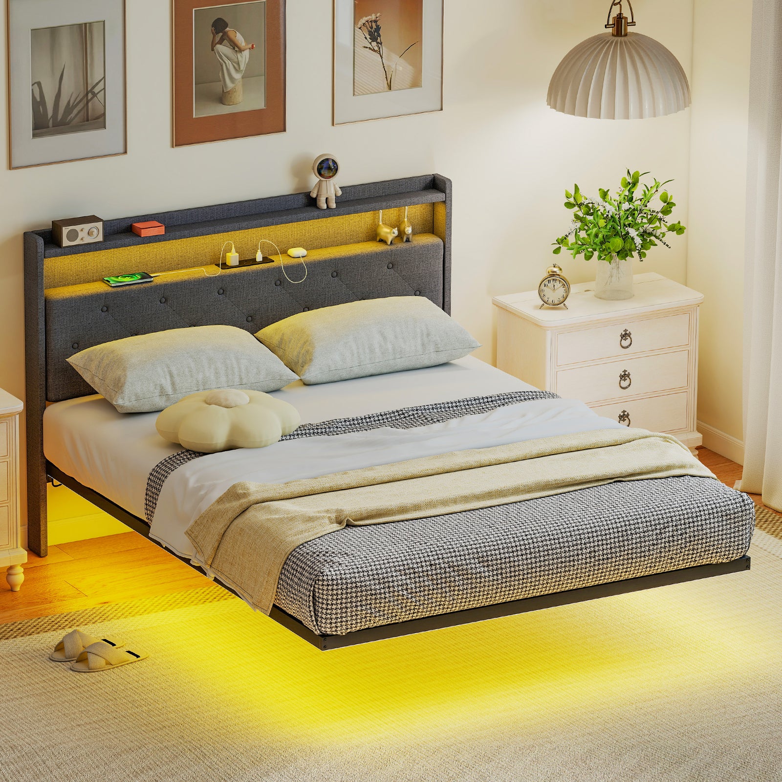 Floating Bed Frame With Rgb Lights, Upholstered Bed | Double | Grey