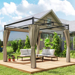 3 X 3 M Garden Pergola With Retractable Canopy, Curtains | Khaki