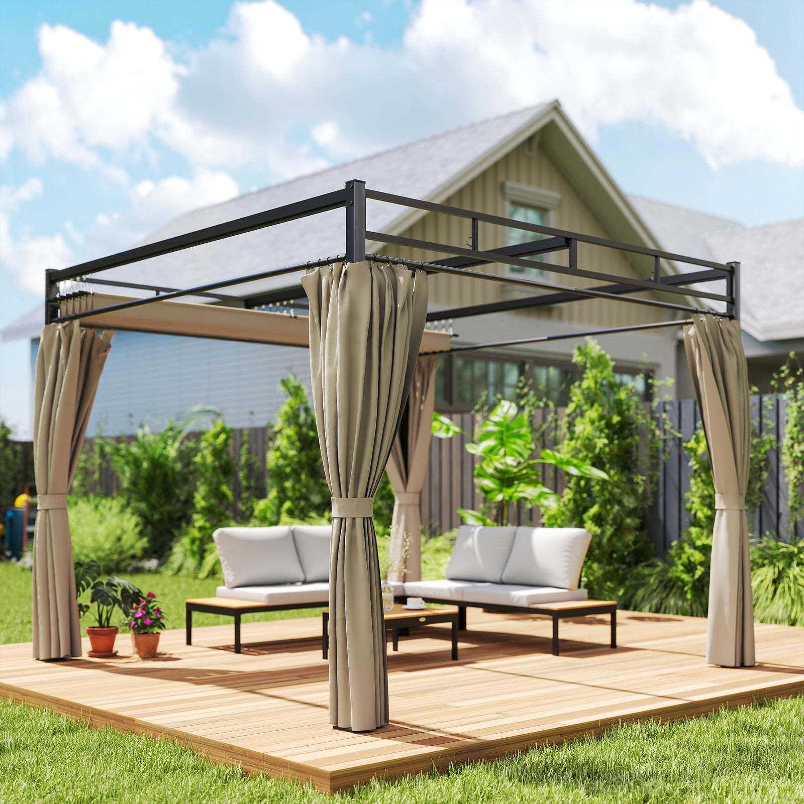 3 X 3 M Garden Pergola With Retractable Canopy, Curtains | Khaki