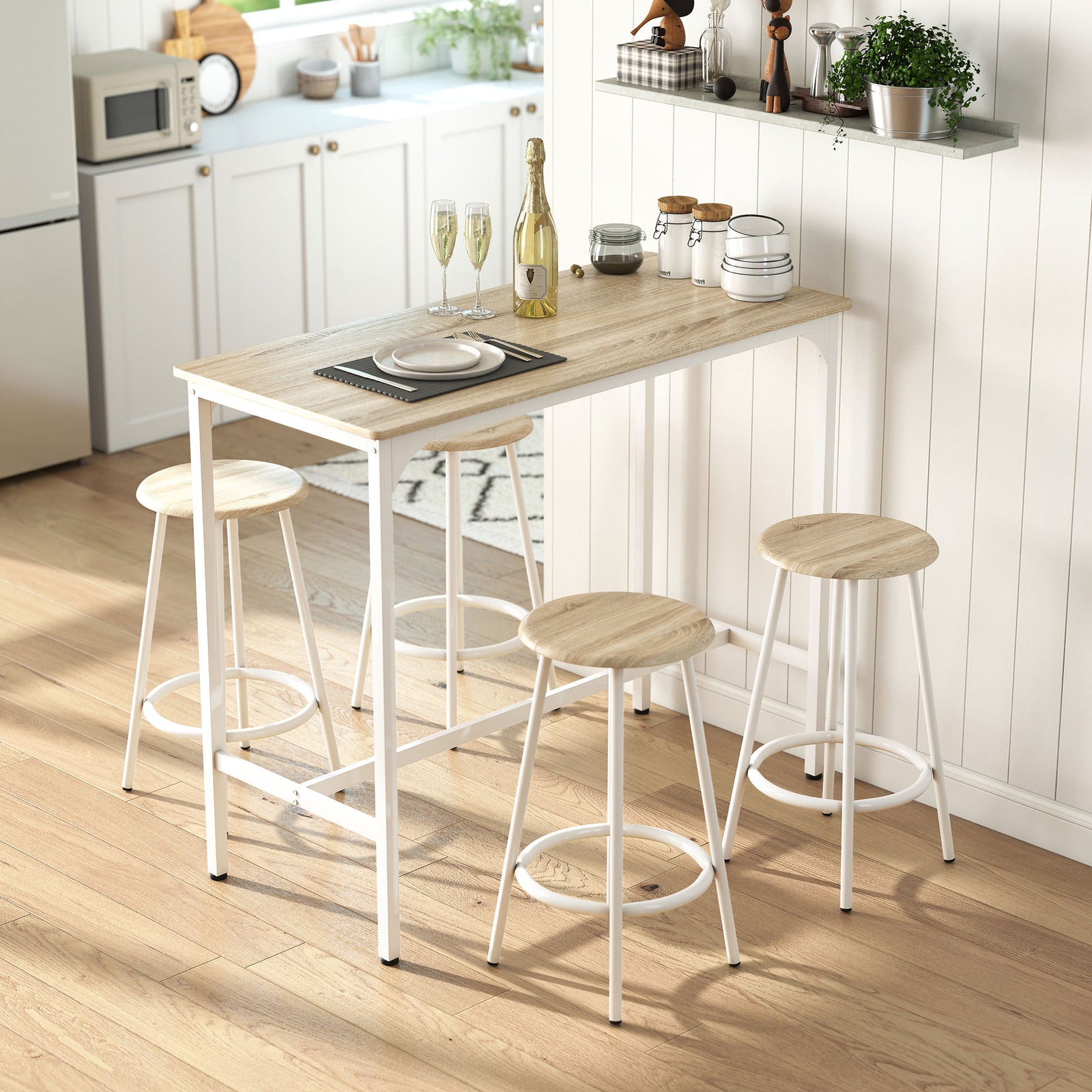 HOMCOM 5 Piece Bar Table And Stools Set With Metal Frame Natural Wood