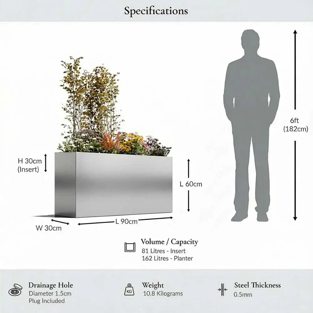 Long Zinc Galvanised Tall Trough Planter | 90cm x 30cm x 60cm | Silver