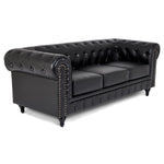 Button Tufted Faux Leather Living Room Sofa - 3 Seater | Black
