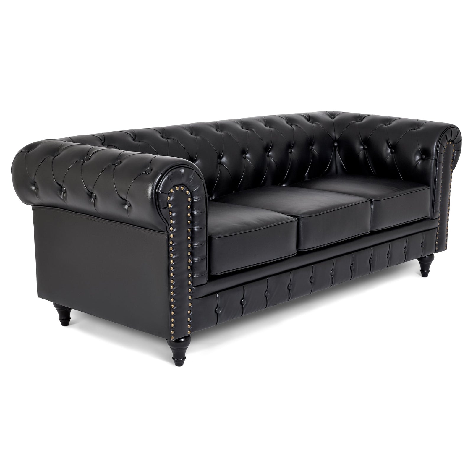 Button Tufted Faux Leather Living Room Sofa - 3 Seater | Black