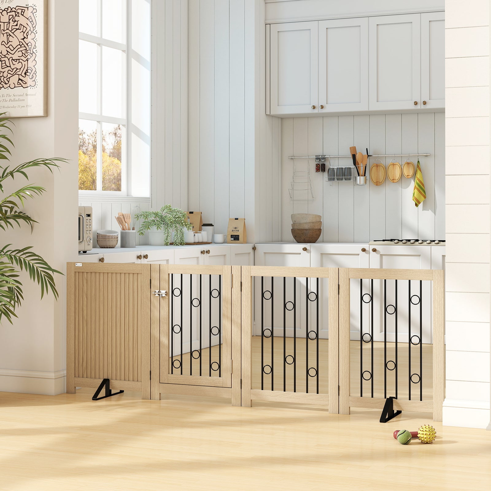 4 Panel Freestanding Pet Gate Foldable With Door For Stairs, Doorway