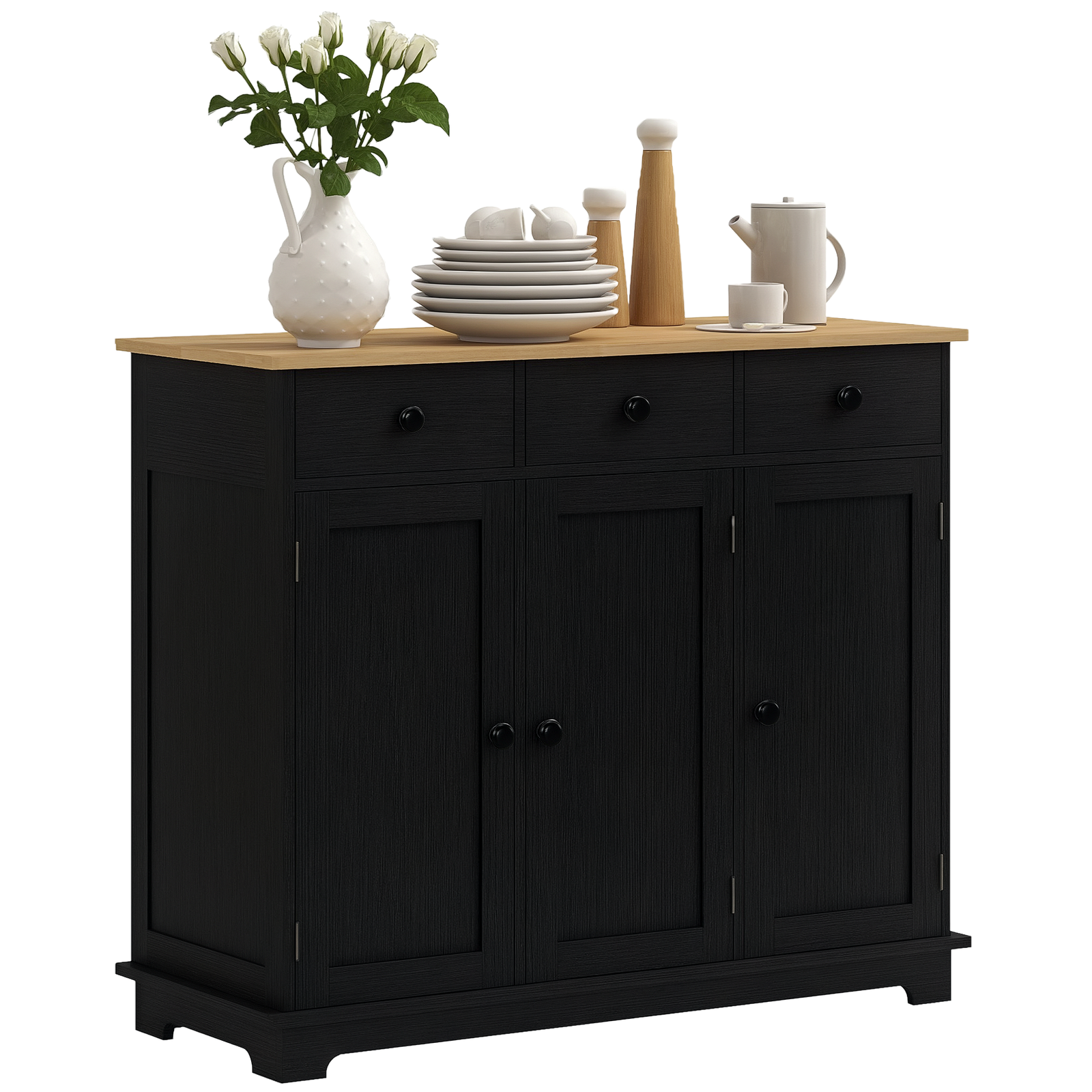 Sideboard Buffet Cabinet With Rubber Wood Top And Drawers | Black