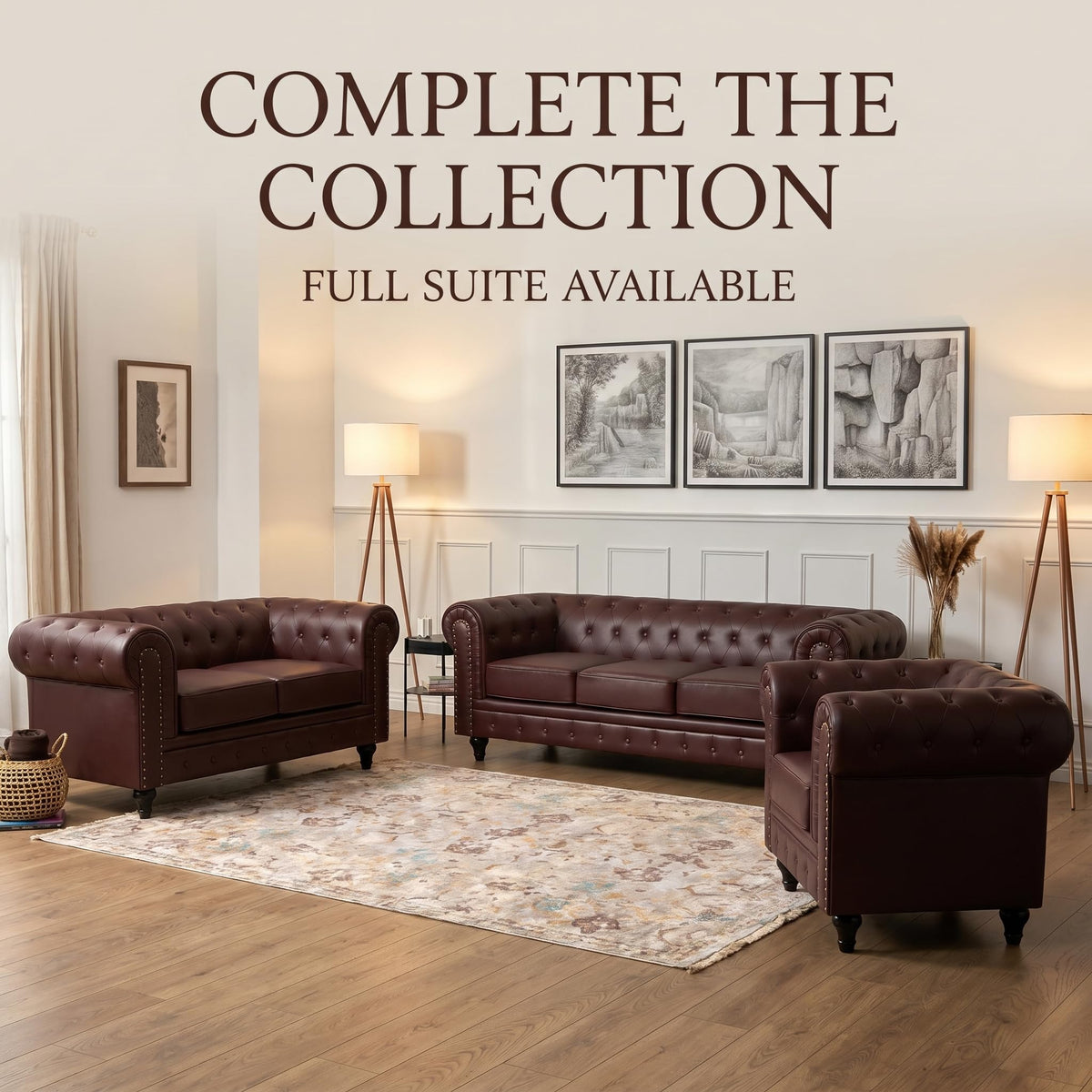 Chesterfield Scroll Arm Faux Leather Sofa 3 Seater | Brown