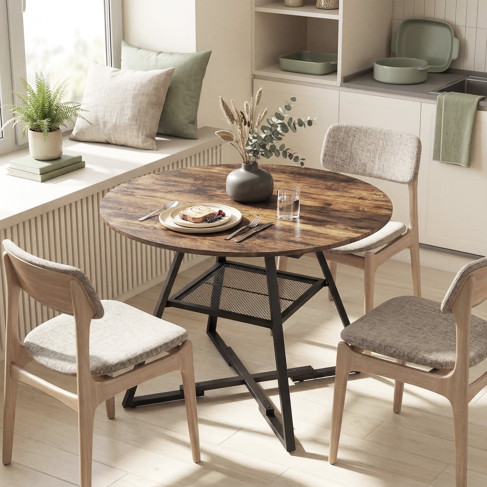 HOMCOM Round Dining Table For 4, 100 Cm Kitchen Table W/ Shelf, Rustic Brown