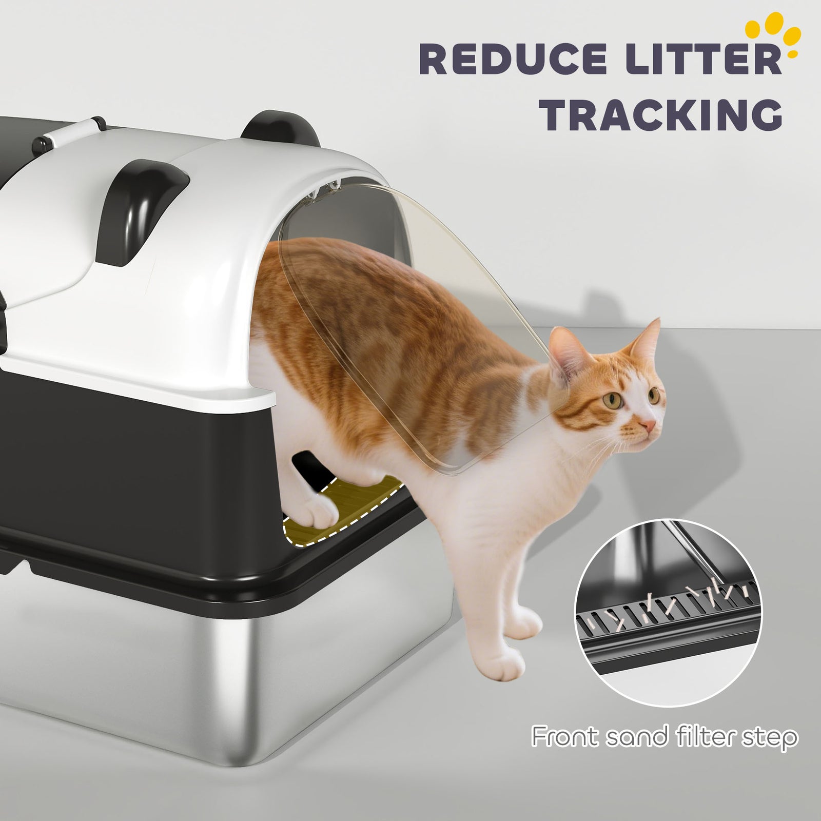 Xl Stainless Steel Litter Box Tray With Lid, Panda Style | Black