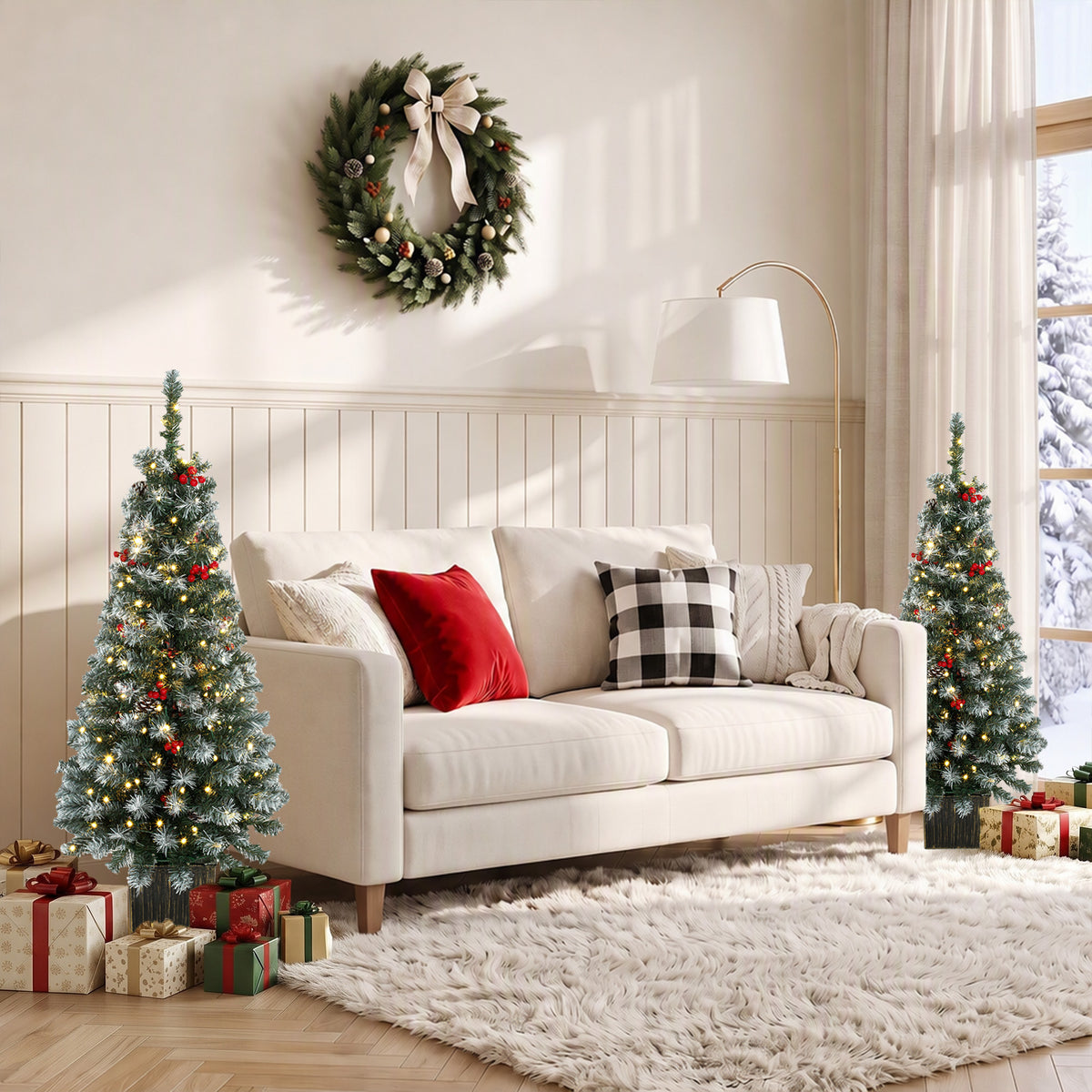 HOMCOM 4ft Pre-lit Slim Artificial Christmas Tree Set Of 2, 140 Frosted Tips