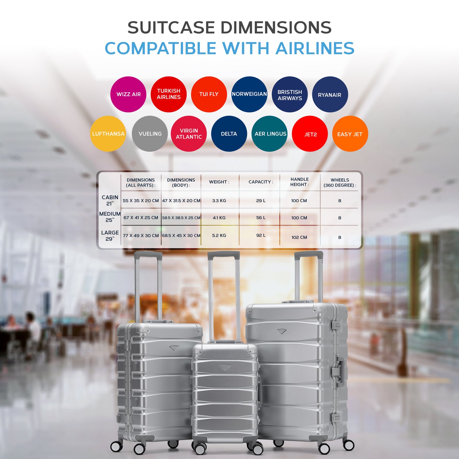 Set Of 3 Aluminium Frame/ABS Body Outer Cabin Carry & Check In Hold Luggage. Overhead Cabin Bag + Medium & Large Check-in Hold Suitcases | Set-of-3 | Silver