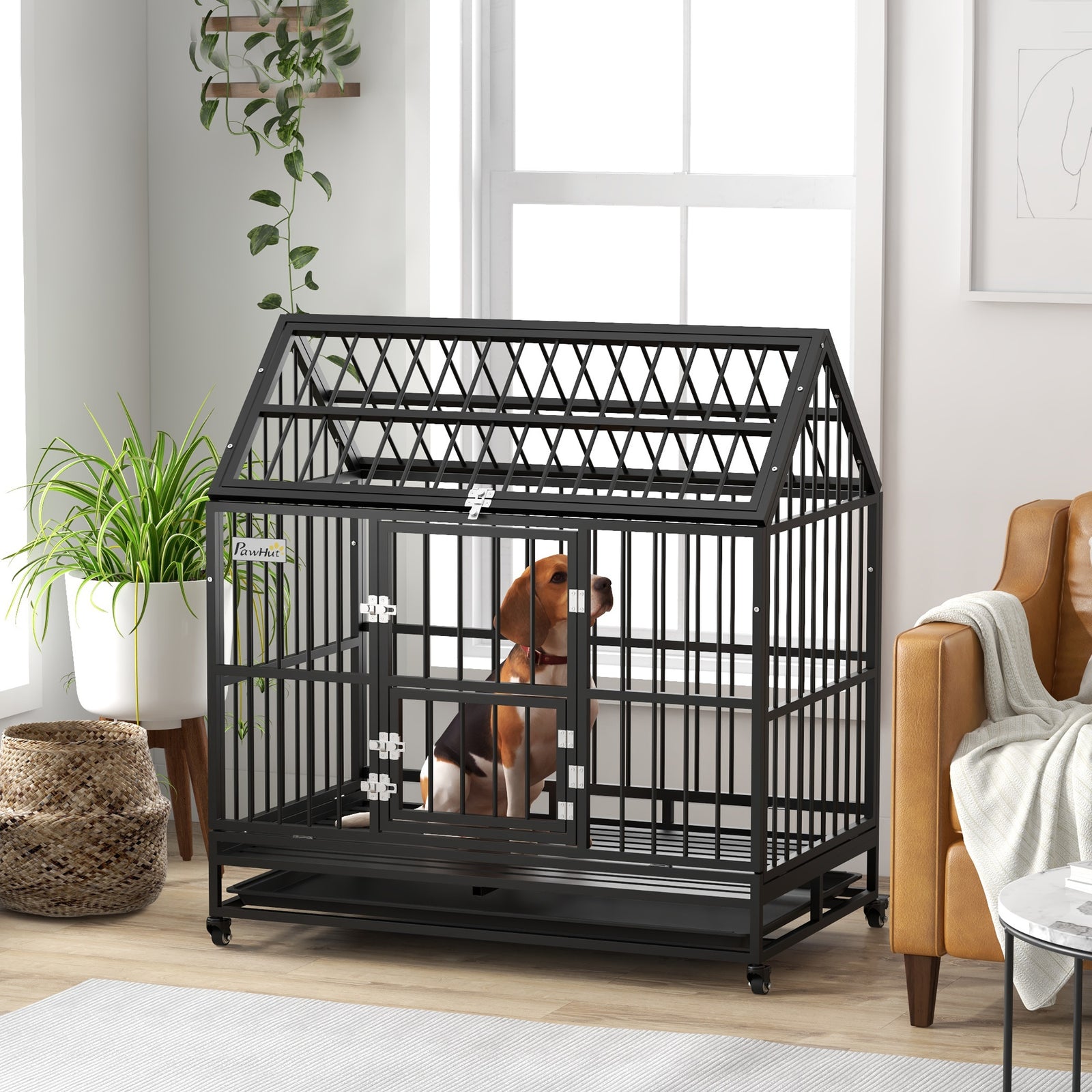 48" Heavy Duty Dog Crate W/ Removable Tray, Logs