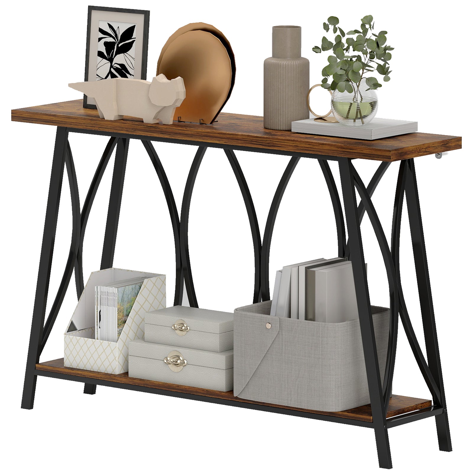 HOMCOM Console Table, Industrial Narrow Sofa Table With 2 Tiers, Metal Frame