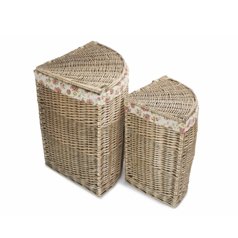 Rose Cotton Lined Antique Wash Wicker Corner Laundry Basket | Set of 2 | Pink