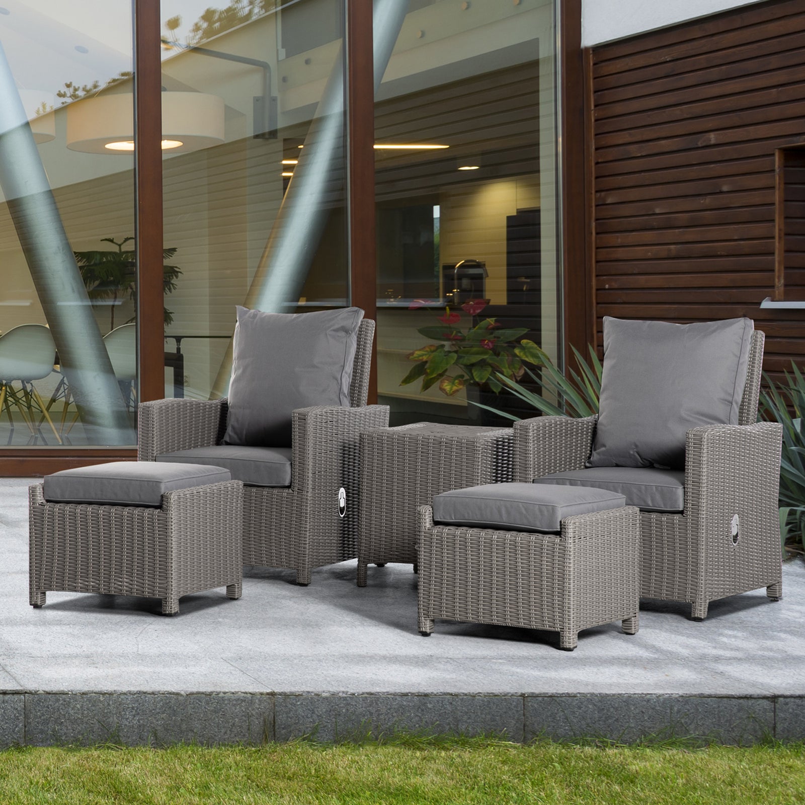 5 Pcs Rattan Sofa Lounge Footstool Coffee Table Set