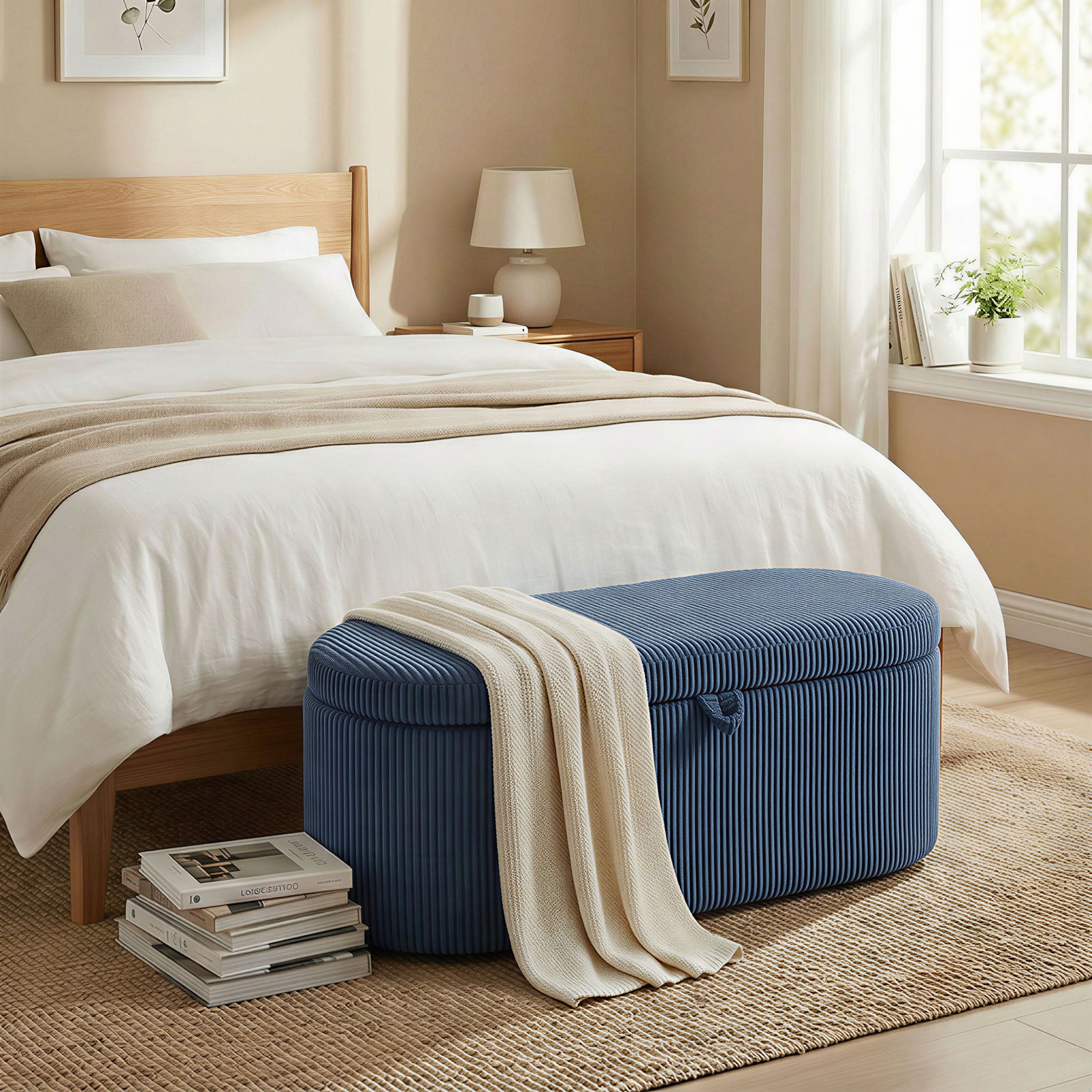 Storage Ottoman, Corduroy Ottoman Storage Box With Padded Seat | Blue