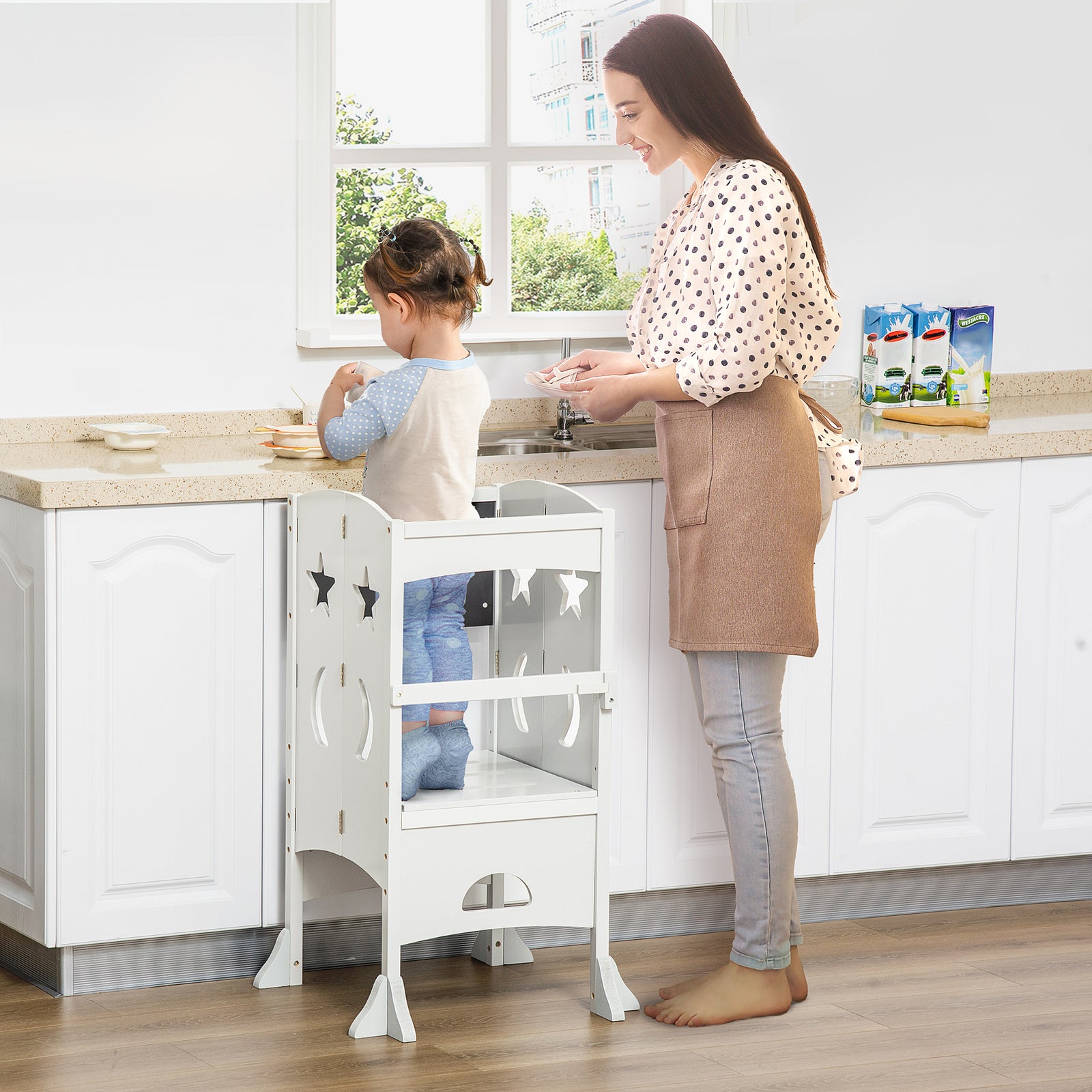 Kids Step Stool Toddler Kitchen Stool With Blackboard Lockable Handrail | White