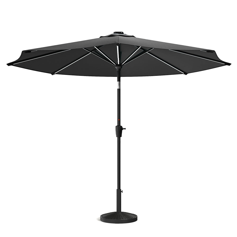 3m Solar Led Patio Umbrella, Outdoor Parasol With 16 Led Tubes, Crank Lift & Push Button Tilt With Round Base | One Size | Dark Grey