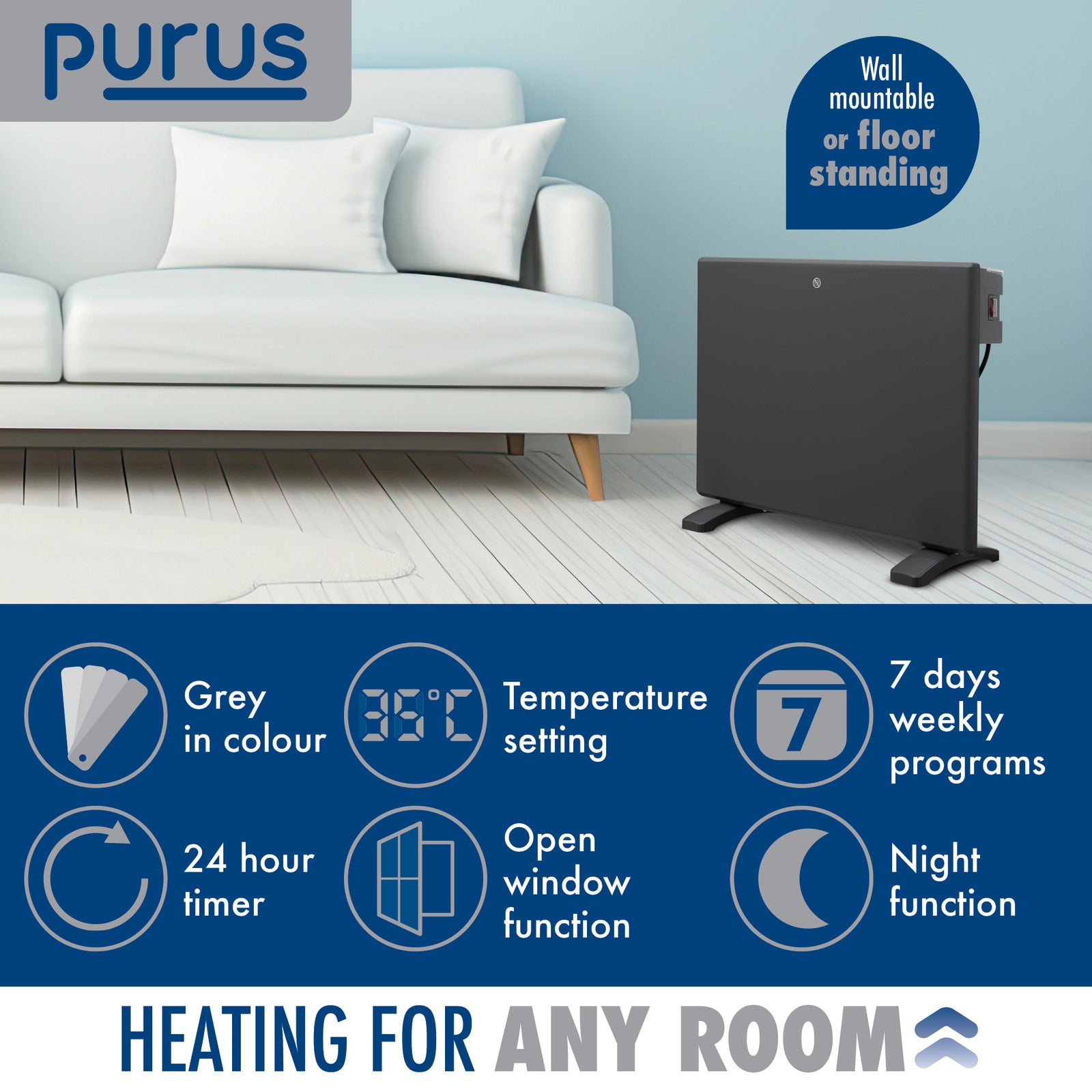 Electric Panel Heater Eco Radiator Grey Wall Mounted & Freestanding Thermostat Control & Setback Timer Lot 20 | 600w | Grey