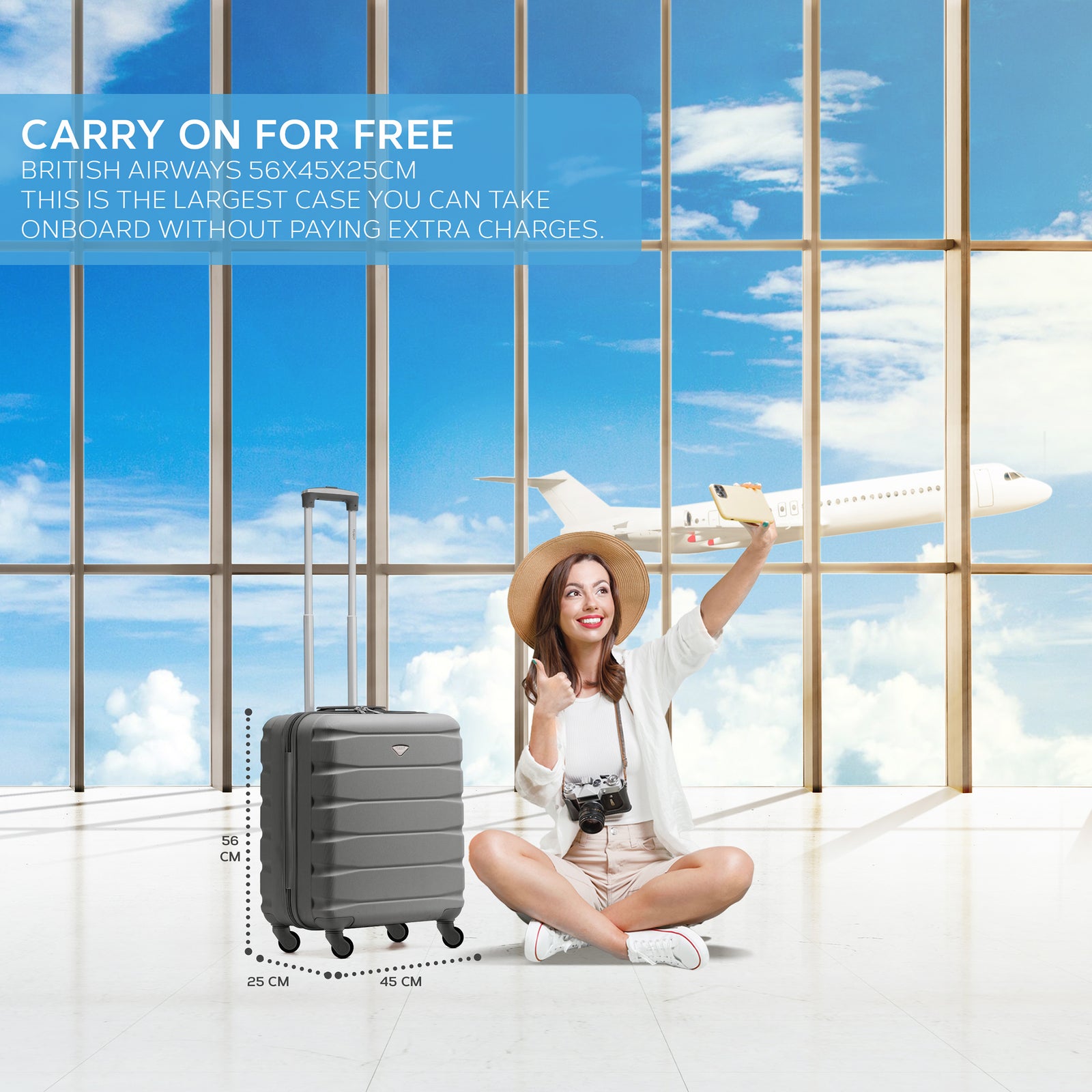 56x45x25cm Large Cabin Carry On Case - Overhead Luggage Suitcase - 4 Spinner Wheels - Abs Shell | 56 x 45 x 25cm | Charcoal