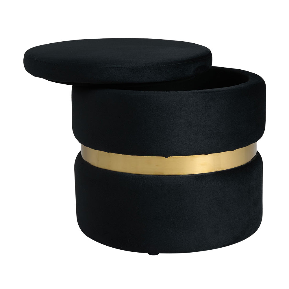 Upholstered Storage Ottoman Foot Rest With Gold Metal Ring 40cm Dia | Black