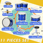 11 Piece Junior Drum Set For Kids With Stool, Drumsticks, Blue | Blue