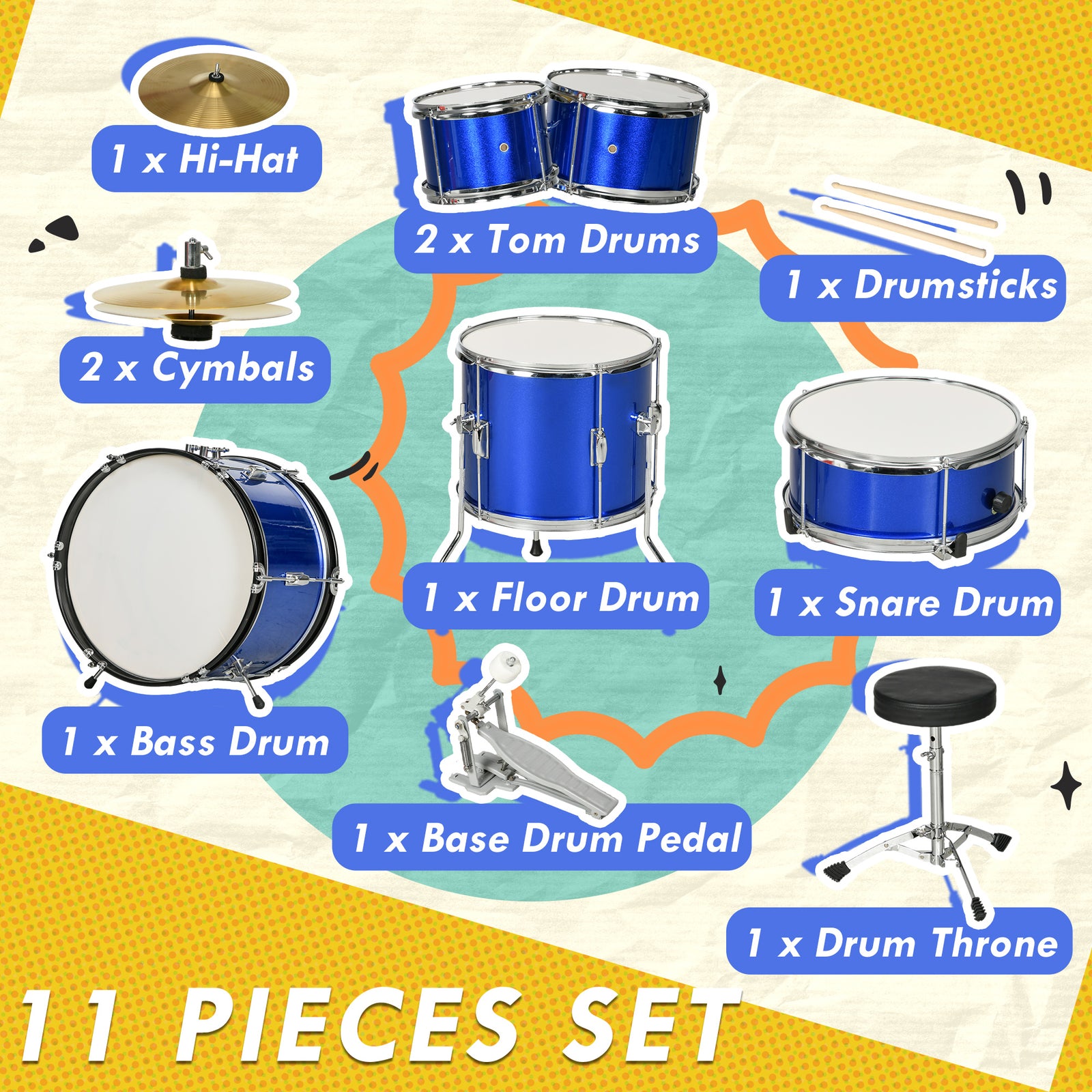 11 Piece Junior Drum Set For Kids With Stool, Drumsticks, Blue | Blue