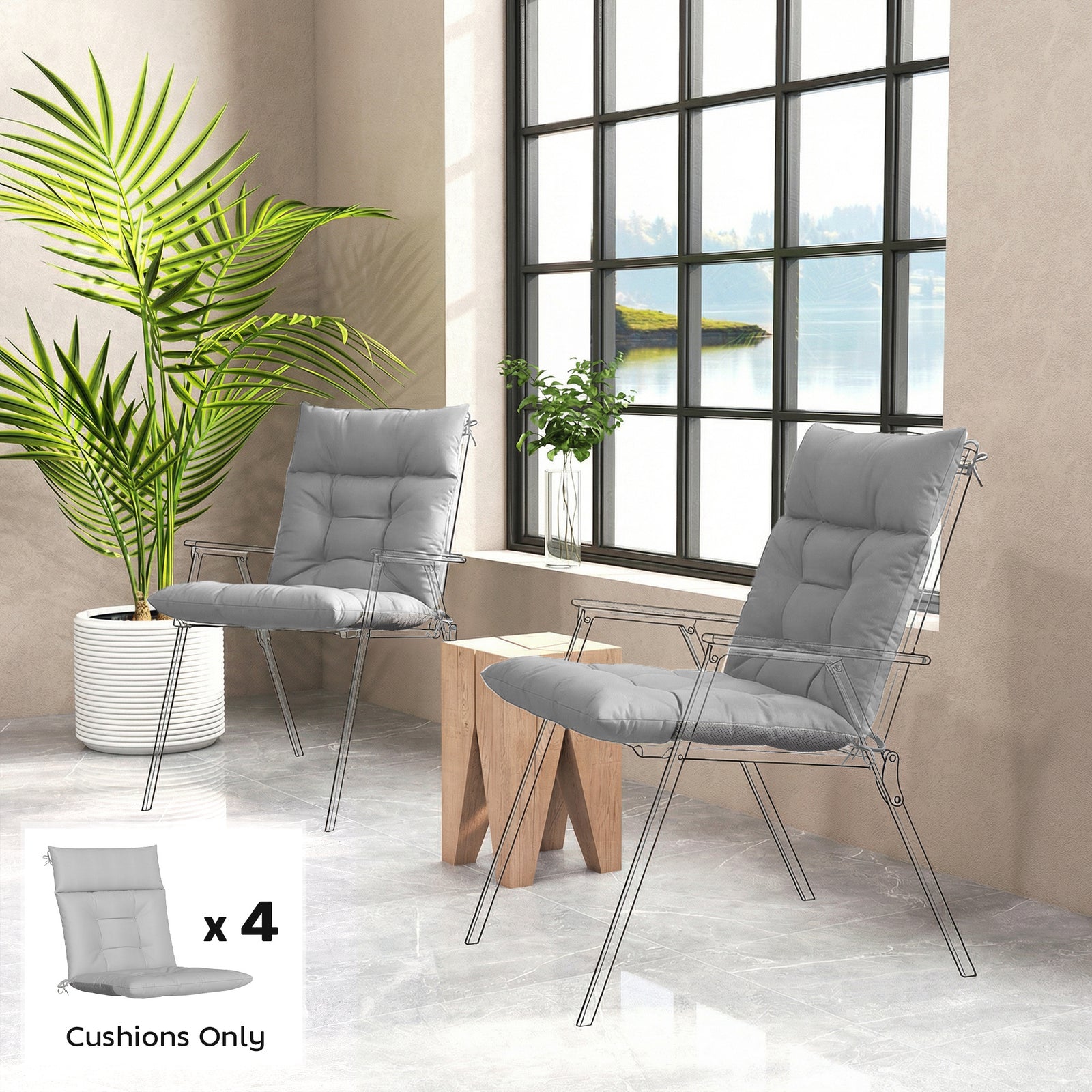 Garden Chair Cushions Set Of 4, Waterproof Seat Pads | Light Grey
