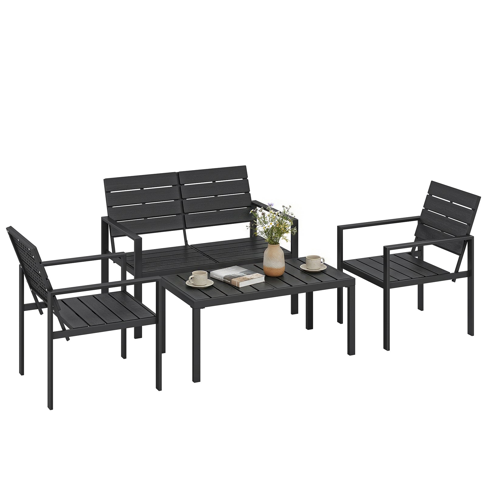 4 Piece Garden Furniture Set, Hdpe Metal Outdoor Sofa | Black
