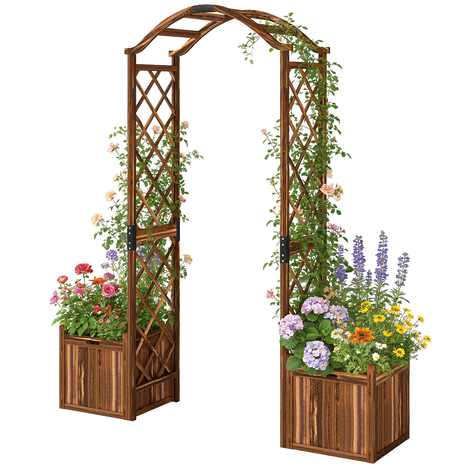 Outsunny Wooden Garden Arch With 2 Planter Boxes, Decorative Garden Arbor