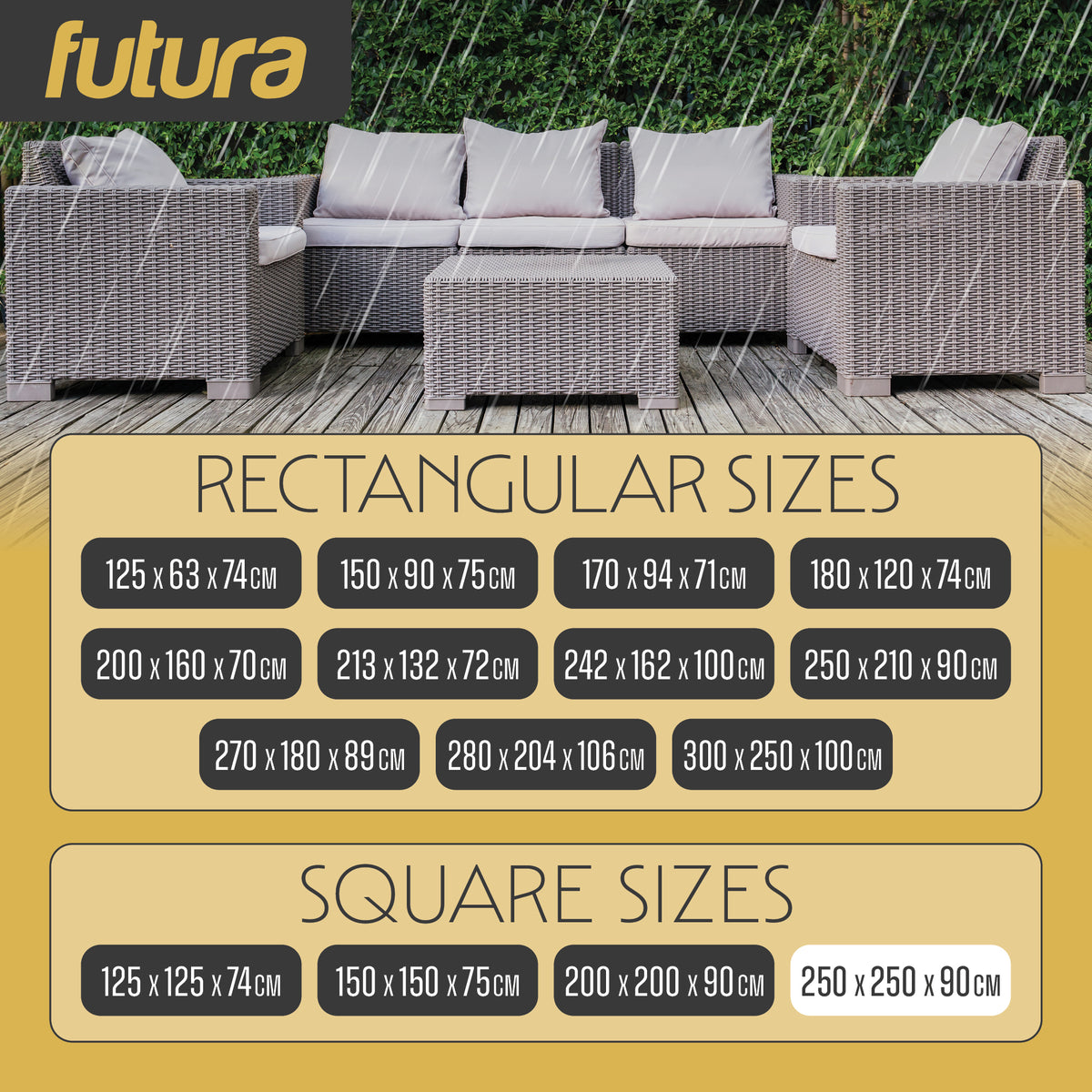Premium Square Waterproof Garden Furniture Cover, Outdoor Patio Weatherproof Rattan Sofa Guard Cover | 250 x 250 x 90cm | Black