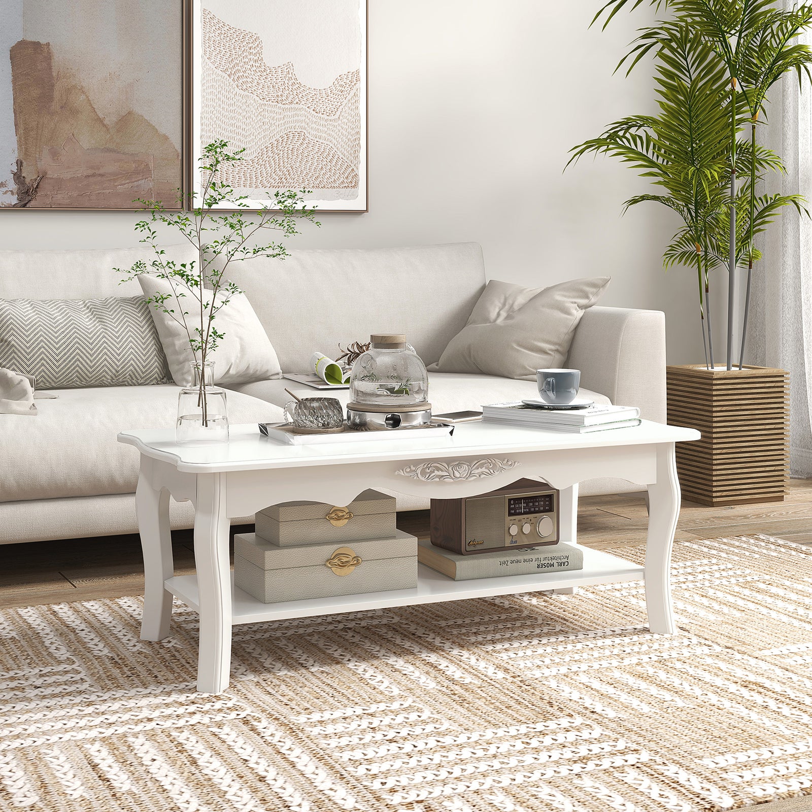 Wooden Coffee Table, White Shelf, Storage