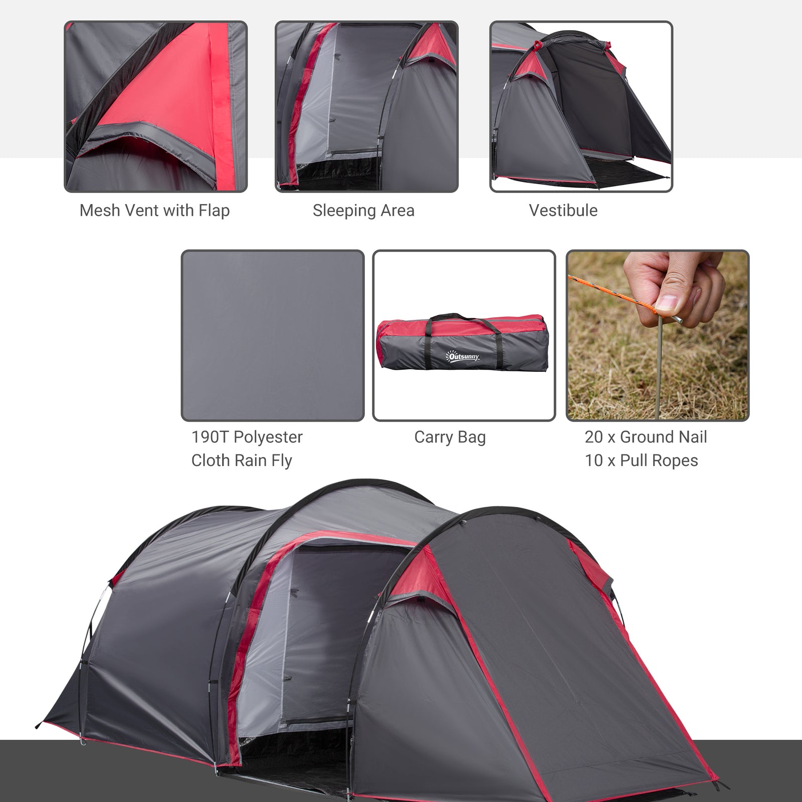 3 Man Camping Tent 2 Rooms Porch Vents Weather-resistant | Dark Gray