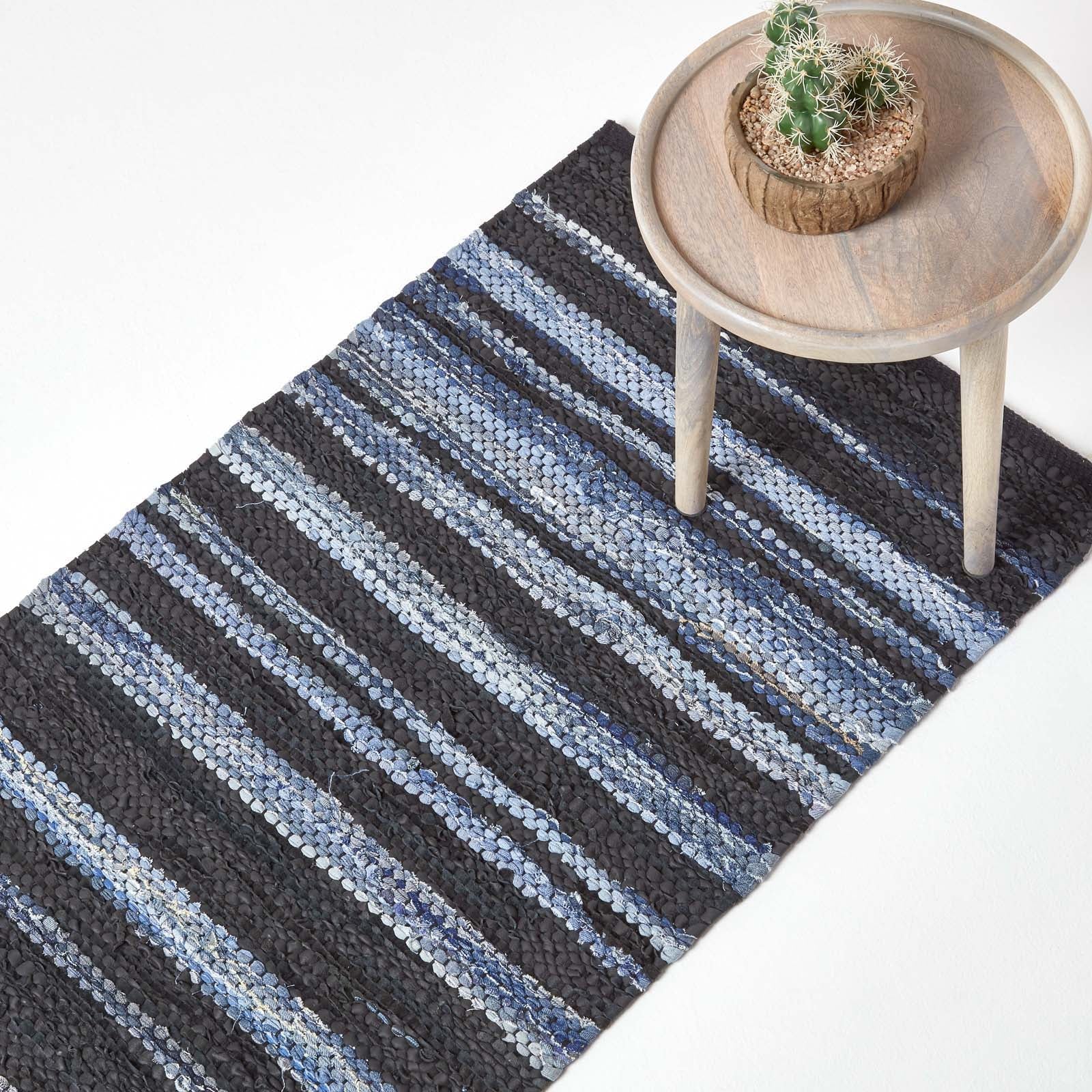Texas Leather & Denim Woven Striped Blue Rug | 200cm | Blue