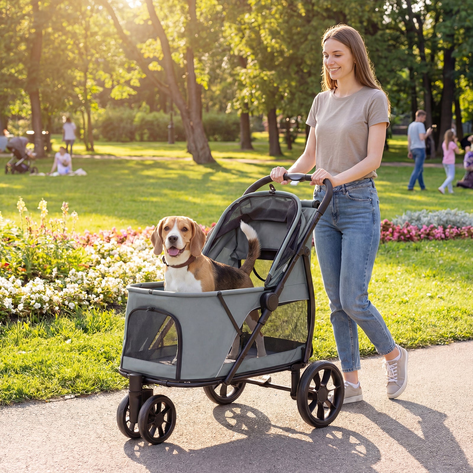 Dog Stroller, 3 Wheels Pet Stroller With Easy One-click Quick Fold | Grey