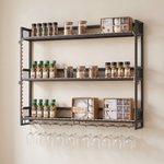 3-tier Wall-mounted Metal Wine Rack With Stemware Holders & Led Strip