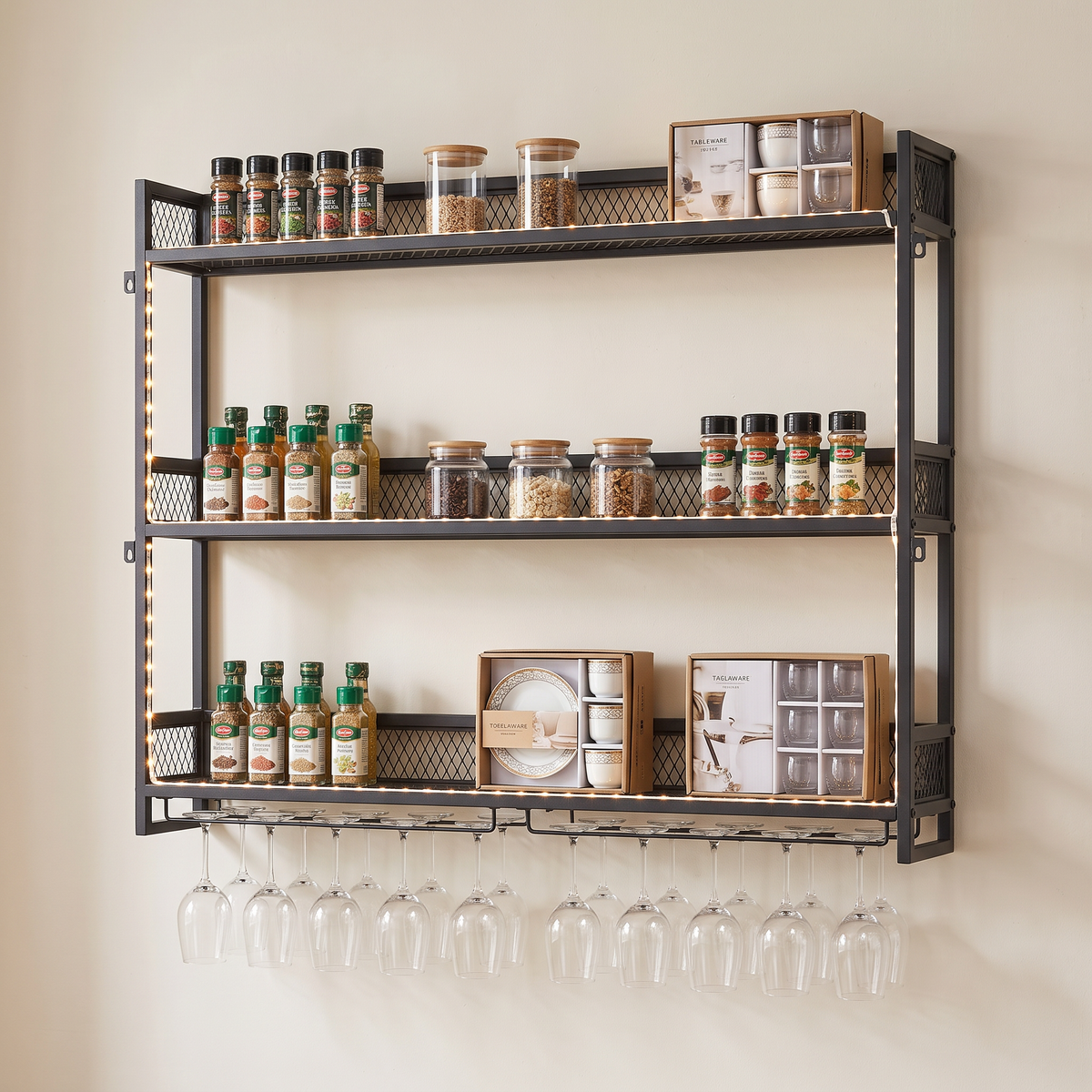 3-tier Wall-mounted Metal Wine Rack With Stemware Holders & Led Strip