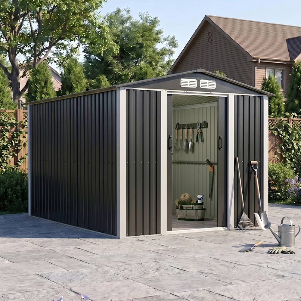 Breeins 8 X 10ft Large Metal Outdoor Storage Shed with Apex Roof, Lockable Double Sliding Doors & Air Vents, Weather-Resistant Garden Tool Storage House