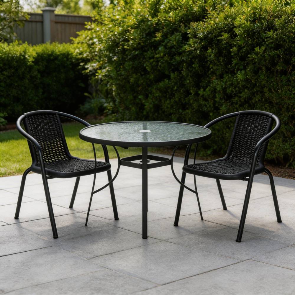 3 Pcs Bistro Set Glass Top Coffee Table And Rattan Chairs